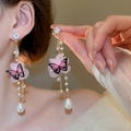 Pink floral tassel earrings with butterfly motifs and elegant pearls for a sweet look - 198# Silver Pin - Gold Pink