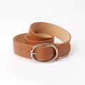 Ceinture femme en cuir PU marron avec boucle ovale argentée et détails de couture - Camel