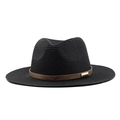 Detail of black straw fedora showing fine weave texture and brown leather band buckle - Black