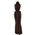 Elegant halter neck backless maxi dress with side cut-outs and fisheye hemline - S / Coffee