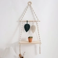 Boho hand-woven cotton rope shelf with leaf charms and light wood board - Off-White Style J with Leaf Decor