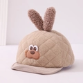 Detailed view of plush rabbit ears and cute puppy patch on khaki winter baby cap - 48cm (6 Months-2 Years) / Khaki