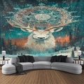 Detalle del tapiz de pared de mandala abstracto con un reno blanco en un bosque de invierno - 150x130cm / Bosque de Renos