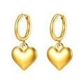 Polished 18K gold plated stainless steel hoop earrings with 3D heart shaped pendants - Puffy Heart (MS-658) / Gold