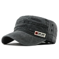 Washed cotton flat top army cap in charcoal black with side embroidery patch and eyelets - Adjustable / Black