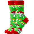 Green mid-calf socks with colorful mushroom patterns and red heel accents for women - Size 35-42 / Green Mushroom