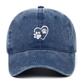 Washed navy denim baseball cap with white heart and paw print embroidery on front - Adjustable / Navy Blue
