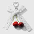 Elegant white lace bow keychain with red cherries and a heart-shaped metal clasp - White Hollow Out Heart Bow Keychain