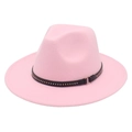 Close-up of pink fedora with black leather band, metal studs and gold ring detail - M (56-58cm) / Pink