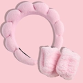 Detailed view of pink microfiber bow headband and matching wrist washbands for skincare - Pink Sponge Headband (3-Piece Set)
