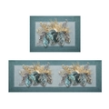 Kitchen mat set with blue-green and gold botanical leaf patterns on short pile fabric - Bouquet Impression