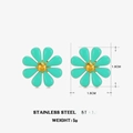 Turquoise floral stainless steel stud earrings with gold center and size dimensions - Flower Stud Earrings / Cyan