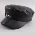 Women's black PU leather baker boy hat with three silver star metal decorations - One Size 58cm / Black Five-Star Flat Top Style