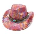 Dettaglio cappello da cowboy metallizzato colorato con perline turchesi e nappe grigie - M (56-58cm) / Rosso