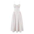 Französisches Blumenkleid mit Spitzen-V-Ausschnitt und schmaler Taille in Rosa-Lila - S / Blumenmuster