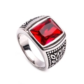 Detailed close-up of a silver ring featuring a large square red stone and vintage textures - Steel Color Red Gemstone