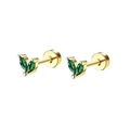 Gold leaf stud earrings with marquise emerald cubic zirconia and flat screw backs - Gold Green Zirconia Leaf Stud Earrings Pair