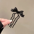 Elegant black bow-shaped U-shaped hair fork with 4-tooth wave comb for hair styling - Bowknot Hair Comb - Black