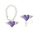 Stanley cup pearl charm set featuring a purple heart with wings and white beads - Straw Cap + Pearl Chain / Set-Purple