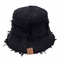 Frayed edge black bucket hat with vintage leather patch and street style design - M (56-58cm) / Black