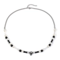 Men's beaded necklace with white pearls, black beads and silver skull pendant detail - Skull Beaded Necklace Style A / Steel Color (A)