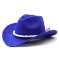 Detailed side view of bright blue felt cowboy hat with white seashell bead trim - Sapphire Blue