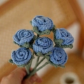 Handmade crochet bouquet with five blue roses and green leaves in soft yarn texture - Single Finished Flower / Bubble Rose (Blue)