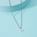 Silver stainless steel long pendant necklace with sun pattern on light blue stand - Sunflower / Steel