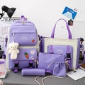 Five-piece purple and white nylon school backpack set with cute patches and plush bear - 389 Purple