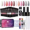 Nee Jolie 13-color solid nail extension gel kit with UV lamp, slip solution and accessories - 12 Color Set (Makeup Bag)