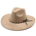 Klassischer khakifarbener Fedora-Hut aus Wildleder mit Goldkette und kleiner Schleife - Hellbeige