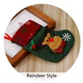 Dark green Christmas stocking with reindeer felt applique and red patterned cuff design - M3-3 Small Village Reindeer