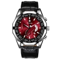 Men's automatic watch with dark red sunburst dial and black leather strap variant - Silver Case Red Dial Leather Strap