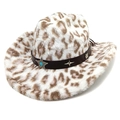 Chapeau de cow-boy en peluche léopard avec bande en cuir et emblème étoile turquoise - M (56-58cm) / Blanc - Dessus Plat