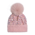Pink sequin knit beanie with faux fur pom and thick plush lining for winter warmth - One Size / Light Pink