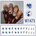 Kurze quadratische blaue Camellia-Klebenägel mit Goldfolie und 24 Stück Set-Design - Blauer Tie-Dye Kamelienstil (Mit Kleber) (W1473)