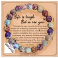 Pink zebra jasper beaded bracelet with silver Graduate charm on a sentiment card - Imperial Jasper Graduate With Card