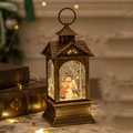 Vintage bronze Christmas lantern music box with snowman family and LED snow globe effect - Medium House Snowman