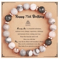 Bracelet cadeau 75e anniversaire avec perles marbre gris et pierres de lave noire - Bracelet en Pierre de Lave Zébrée Rose + Carte Joyeux 75ème