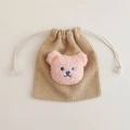 Beige corduroy drawstring pouch featuring a soft pink plush bear head applique - Apricot (Pink Bear)