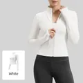 Women's slim fit white long sleeve yoga jacket with zipper and thumb holes - S / Tops / White
