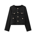 Women's black short cropped jacket with gold buttons and four pockets on white background - XS / Black