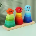 Rainbow stacking toy with macaron colored sea creatures on a wooden base - Animal 3-Set Tower (C)