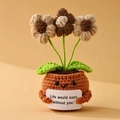 Detail of hand-crocheted potted flower doll with Life would succ without you card - Positive Potted-Puff Flower Coffee Color