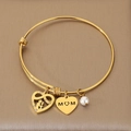 Adjustable gold stainless steel MOM bracelet with heart charms and a white pearl - Rhinestone Mother-Child Silhouette Style (KB203636-Z)
