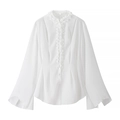 Elegante camicetta bianca da donna con scollo a balze e maniche a campana molto raffinate - S / Bianco