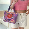 Korean style mini canvas tote bag for women, cute bear print purple handbag for daily use. - Flower Bear