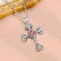 Detailed view of silver cross pendant with red gemstone on a vintage steel necklace - Ruby Cross Style (Silver-tone, Tibetan Silver Necklace - 1)