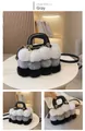 Close-up of grey gradient faux fur handbag with black leather handle and gold hardware - One Size / Three-color Splicing (Grey/Black/White) / Gray