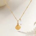 Golden shell pendant necklace with white pearl and bead chain on cream fabric - H1105 Pearl Zirconia Shell Necklace Gold